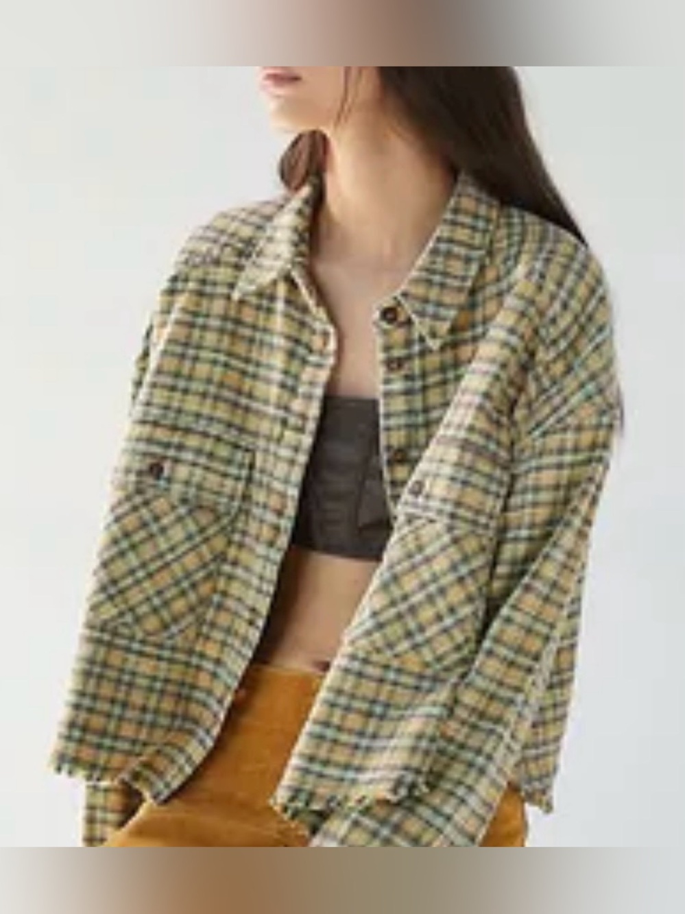 BDG Urban Outfitters plaid cropped flannel button-down | SZ S | Raw Fringe Hem